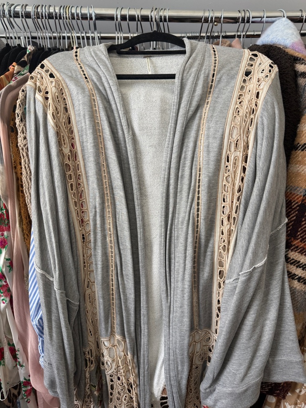 Free People Long Fringe Cardigan with Embroidered Floral & Cream Crochet Trim
